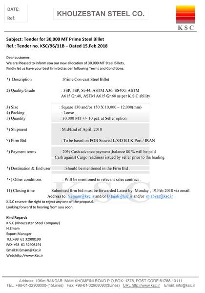 Subject: Tender for 30,000 MT Prime Steel Billet